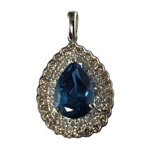 Vintage 18 K White Gold Blue Topaz & White & Champagne Diamond Pendant #13735